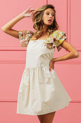 BiBi Flower Embroidered Floral Print Sleeve Dress OATMEAL OutfitFlow